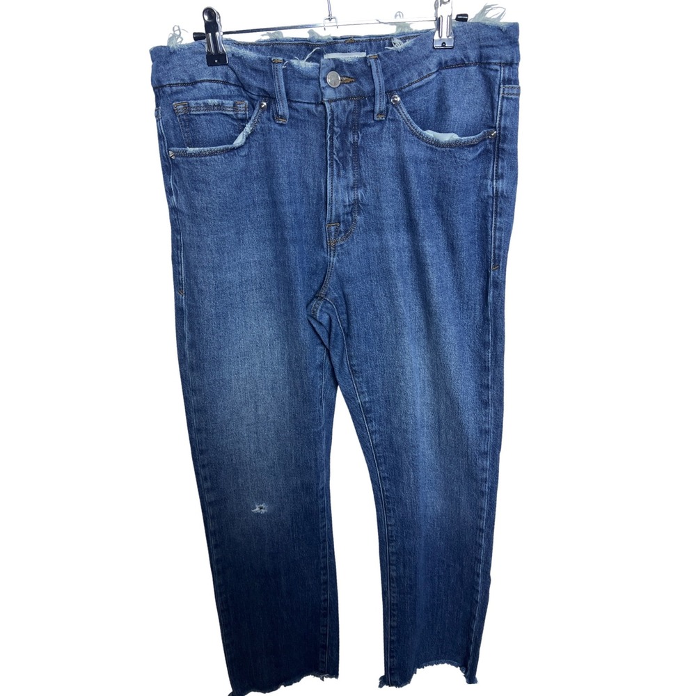 Good American Straight Leg Jeans Indigo Blue Raw Frayed Waistband 10/30 Edgy